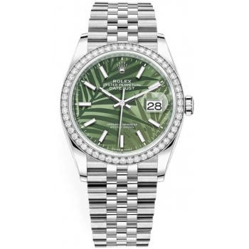 Réplique Rolex Datejust 36 Or Blanc &amp; Montre pour femme avec cadran à motif palmier vert olive et diamants M126284RBR-0039