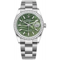 Réplique Rolex Datejust 36 Or Blanc &amp; Montre pour femme avec cadran à motif palmier vert olive et diamants M126284RBR-0040