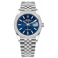 Réplique Rolex Datejust 36 Or Blanc &amp; Montre pour femme avec cadran cannelé bleu diamants M126284RBR-0041