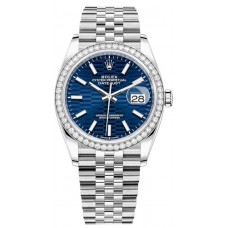 Réplique Rolex Datejust 36 Or Blanc &amp; Montre pour femme avec cadran cannelé bleu diamants M126284RBR-0041