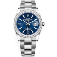 Réplique Rolex Datejust 36 Or Blanc &amp; Montre pour femme avec cadran cannelé bleu diamants M126284RBR-0042