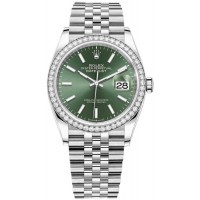 Réplique Rolex Datejust 36 Or Blanc &amp; Montre pour femme avec cadran vert menthe et diamants M126284RBR-0043