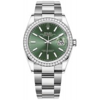 Réplique Rolex Datejust 36 Or Blanc &amp; Montre pour femme avec cadran vert menthe et diamants M126284RBR-0044