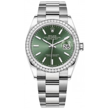 Réplique Rolex Datejust 36 Or Blanc &amp; Montre pour femme avec cadran vert menthe et diamants M126284RBR-0044