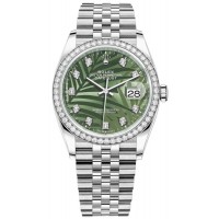 Réplique Rolex Datejust 36 Or Blanc &amp; Montre pour femme avec cadran diamant et motif palmier vert olive M126284RBR-0047