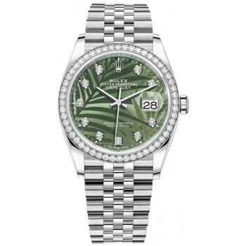 Réplique Rolex Datejust 36 Or Blanc &amp; Montre pour femme avec cadran diamant et motif palmier vert olive M126284RBR-0047