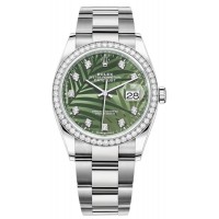 Réplique Rolex Datejust 36 Or Blanc &amp; Montre pour femme avec cadran diamant et motif palmier vert olive M126284RBR-0048