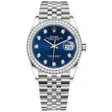 Réplique Rolex Datejust 36 Or Blanc &amp; Montre pour femme avec cadran cannelé bleu diamants M126284RBR-0049