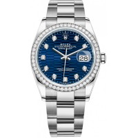 Réplique Rolex Datejust 36 Or Blanc &amp; Montre pour femme avec cadran en diamant à motif cannelé bleu et diamants M126284RBR-0050