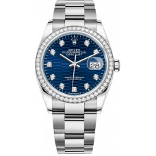 Réplique Rolex Datejust 36 Or Blanc &amp; Montre pour femme avec cadran en diamant à motif cannelé bleu et diamants M126284RBR-0050