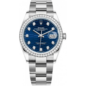 Réplique Rolex Datejust 36 Or Blanc &amp; Montre pour femme avec cadran en diamant à motif cannelé bleu et diamants M126284RBR-0050