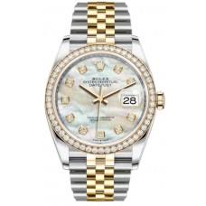 Réplique Rolex Datejust 41 Acier &amp; Montre unisexe en or jaune avec cadran en nacre et diamant, lunette en diamant personnalisée M126303-0018-CD