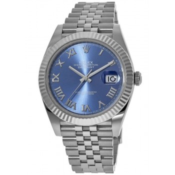 Réplique Rolex Datejust 41 Acier &amp; Montre pour homme, cadran cannelé, cadran romain bleu, or blanc, bracelet jubilé, M126334-0026