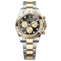 Réplique Montre pour homme Rolex Cosmograph Daytona en acier inoxydable et or jaune, cadran serti de diamants noirs et dorés M126503-0002