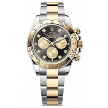 Réplique Montre pour homme Rolex Cosmograph Daytona en acier inoxydable et or jaune, cadran serti de diamants noirs et dorés M126503-0002