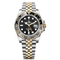 Réplique Rolex GMT Master ll Montre pour homme en or jaune et acier inoxydable avec cadran noir et bracelet jubilé M126713GRNR-0001