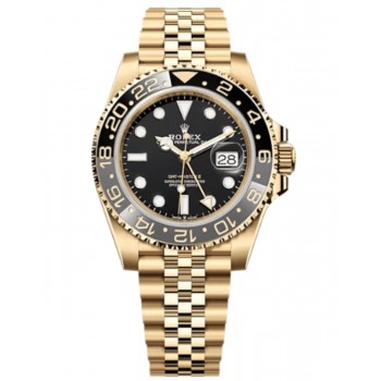 Réplique Rolex GMT Master ll Montre pour homme en or jaune et cadran noir avec bracelet jubilé M126718GRNR-0001