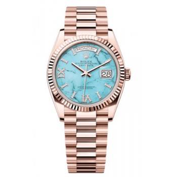 Réplique Montre Rolex Day-Date en or rose et turquoise sertie de diamants pour femme avec cadran romain M128235-0064