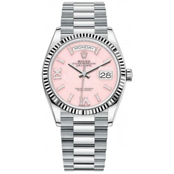 Réplique Montre Rolex Day-Date platine rose opale cadran diamant romain pour femme M128236-0006