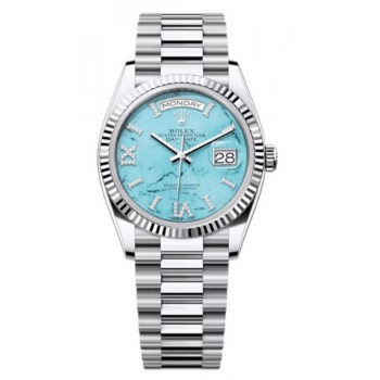 Réplique Montre Rolex Day-Date platine turquoise sertie de diamants pour femme avec cadran romain M128236-0011