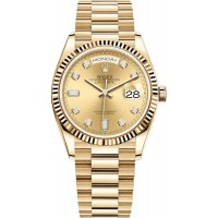 Réplique Montre Rolex Day-Date en or jaune avec cadran diamant et champagne pour femme M128238-0008