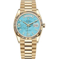 Réplique Montre Rolex Day-Date en or jaune et pavé turquoise pour femme avec cadran romain M128238-0071