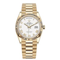 Réplique Montre Rolex Day-Date en or jaune et cadran romain blanc pour femme M128238-0076