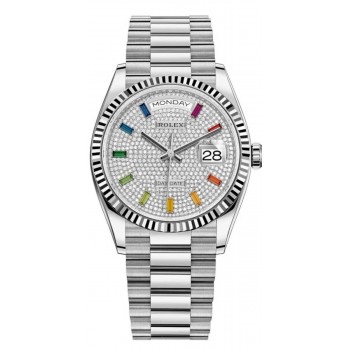 Réplique Montre pour femme Rolex Day-Date en or blanc pavé de diamants avec cadran en pierres précieuses M128239-0019