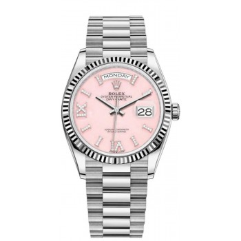 Réplique Montre Rolex Day-Date en or blanc et opale rose sertie de diamants avec cadran romain pour femme M128239-0021