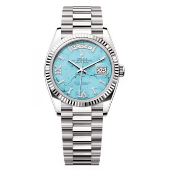 Réplique Montre Rolex Day-Date en or blanc et turquoise sertie de diamants pour femme avec cadran romain M128239-0044