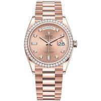 Réplique Montre Rolex Day-Date en or rose avec cadran en diamant rose et lunette en diamant pour femme M128345RBR-0009