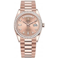 Réplique Montre Rolex Day-Date en or rose avec cadran en diamant rose et lunette en diamant pour femme M128345RBR-0009