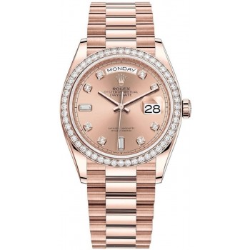 Réplique Montre Rolex Day-Date en or rose avec cadran en diamant rose et lunette en diamant pour femme M128345RBR-0009