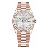 Réplique Montre pour femme Rolex Day-Date en or rose avec cadran en nacre et lunette en diamant M128345RBR-0028