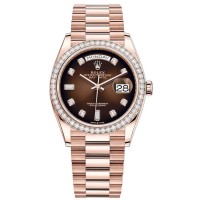 Réplique Montre Rolex Day-Date en or rose et marron ombré avec cadran en diamant et lunette en diamant pour femme M128345RBR-0040