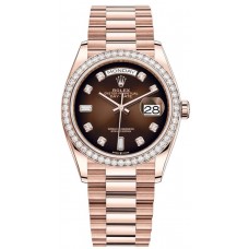 Réplique Montre Rolex Day-Date en or rose et marron ombré avec cadran en diamant et lunette en diamant pour femme M128345RBR-0040