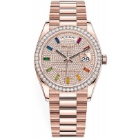 Réplique Montre Rolex Day-Date en or rose pavé de diamants avec cadran en pierres précieuses et lunette en diamant pour femme M128345RBR-0042