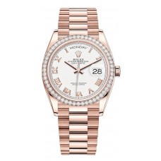 Réplique Montre Rolex Day-Date en or rose avec cadran romain blanc et lunette en diamant pour femme M128345RBR-0054