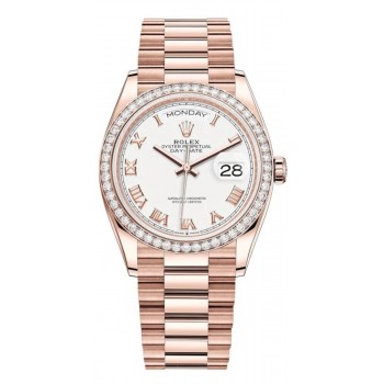 Réplique Montre Rolex Day-Date en or rose avec cadran romain blanc et lunette en diamant pour femme M128345RBR-0054