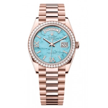 Réplique Montre pour femme Rolex Day-Date en or rose et turquoise sertie de diamants, cadran romain et lunette en diamants M128345RBR-0064