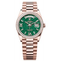 Réplique Montre Rolex Day-Date en or rose et aventurine verte sertie de diamants avec cadran romain et lunette en diamant pour femme M128345RBR-0068