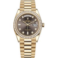 Réplique Montre Rolex Day-Date en or jaune avec cadran en diamant et lunette en diamant pour femme M128348RBR-0005