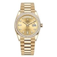 Réplique Montre Rolex Day-Date en or jaune champagne avec cadran diamant et lunette en diamant pour femme M128348RBR-0008