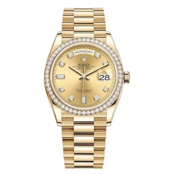 Réplique Montre Rolex Day-Date en or jaune champagne avec cadran diamant et lunette en diamant pour femme M128348RBR-0008