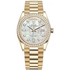 Réplique Montre pour femme Rolex Day-Date en or jaune avec cadran en nacre et lunette en diamant M128348RBR-0017