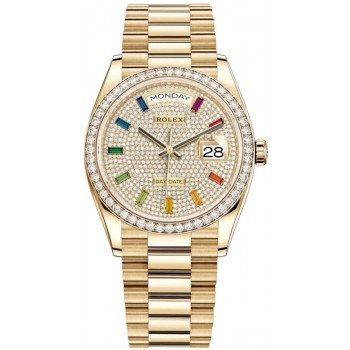 Réplique Montre Rolex Day-Date en or jaune avec cadran pavé de diamants et lunette en diamants pour femme M128348RBR-0030