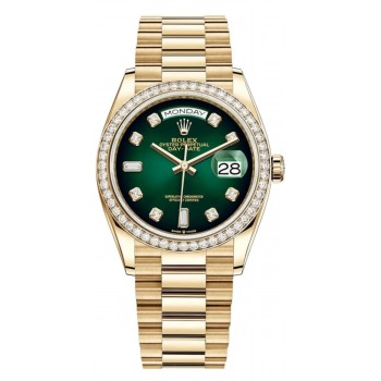 Réplique Montre Rolex Day-Date en or jaune et vert ombré avec cadran en diamant et lunette en diamant pour femme M128348RBR-0035