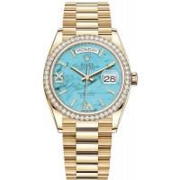 Réplique Montre pour femme Rolex Day-Date en or jaune turquoise sertie de diamants, cadran romain et lunette en diamants M128348RBR-0037