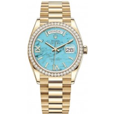 Réplique Montre pour femme Rolex Day-Date en or jaune turquoise sertie de diamants, cadran romain et lunette en diamants M128348RBR-0037