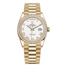 Réplique Montre Rolex Day-Date en or jaune et cadran romain blanc pour femme avec lunette en diamant M128348RBR-0042